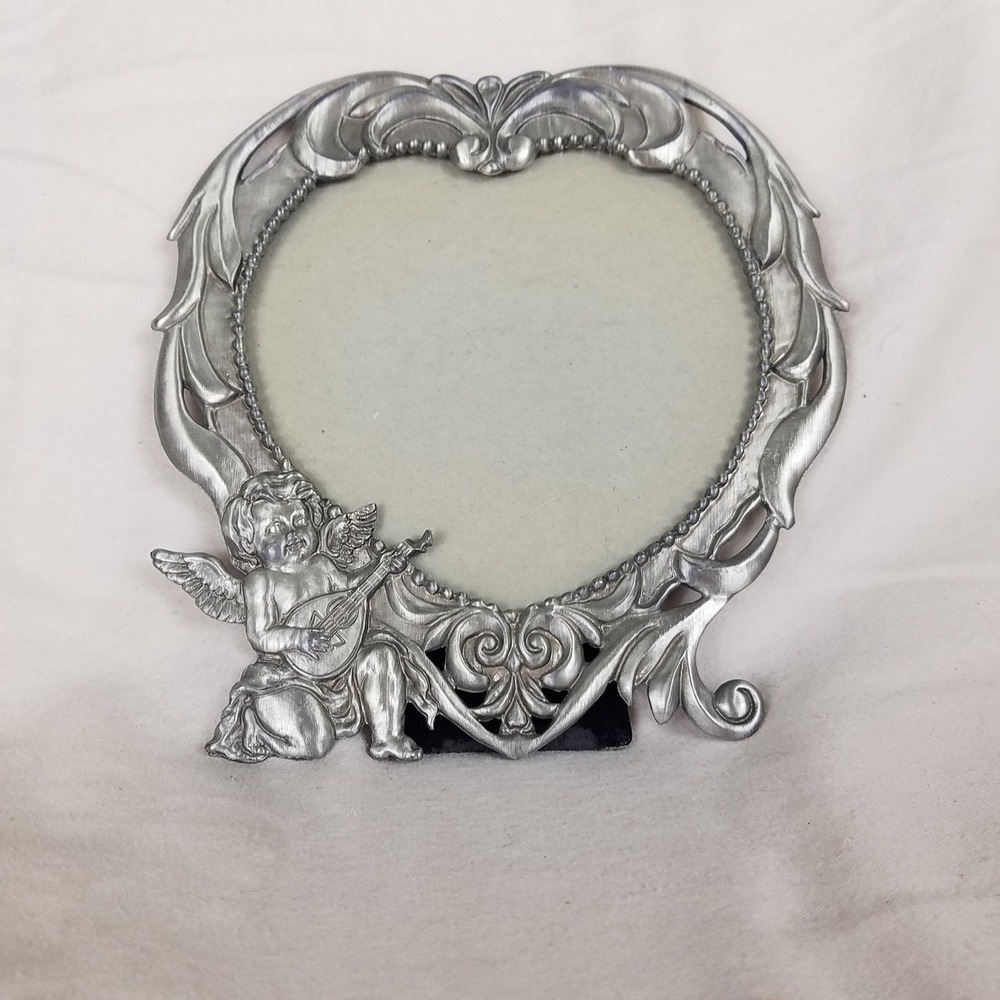 Heart Picture Frame Home Decor Silver metal Cherub lute Ornate curly queues